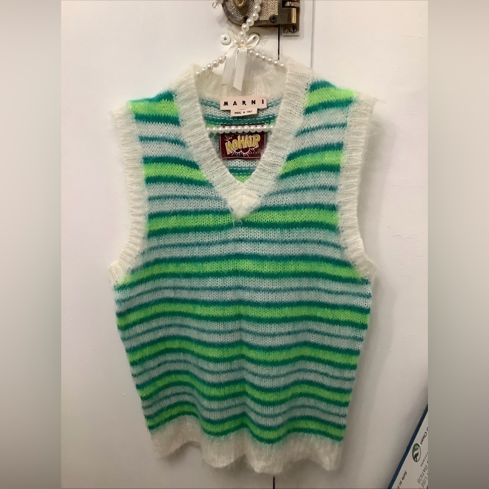 Marni Fuzzy Wuzzy Mohair Iconic Brushed Stripes V-Neck Unisex Vest NWOT​​​
